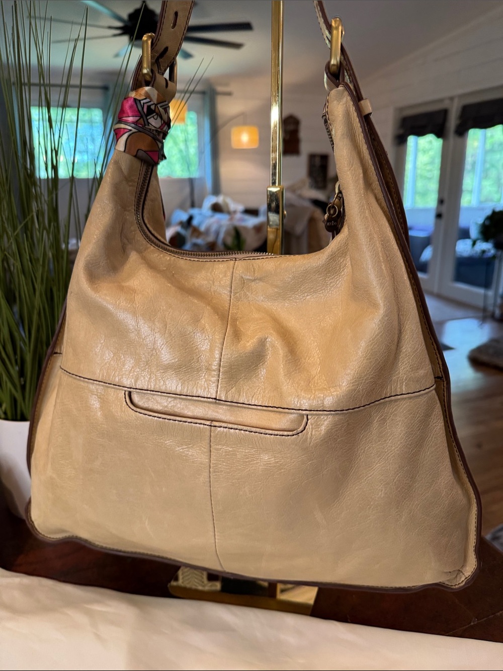 Hobo Beige Leather Hobo Bag with Patterned Scarf - Picture 5 of 14
